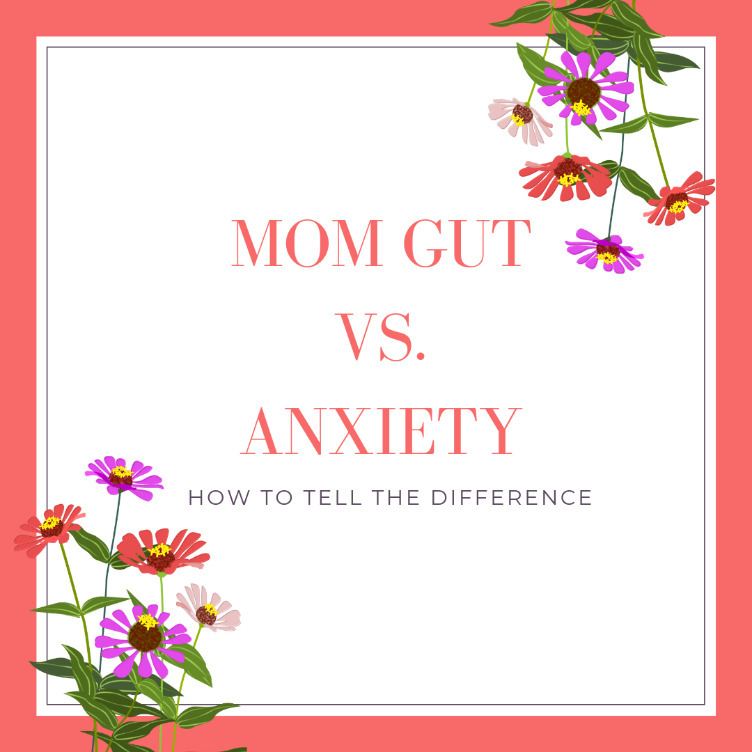 Graphic reading "Mom gut vs. anxiety: How to tell the difference" to show how an infant sleep consultant discusses the difference between mom gut and postpartum anxiety in this blog post